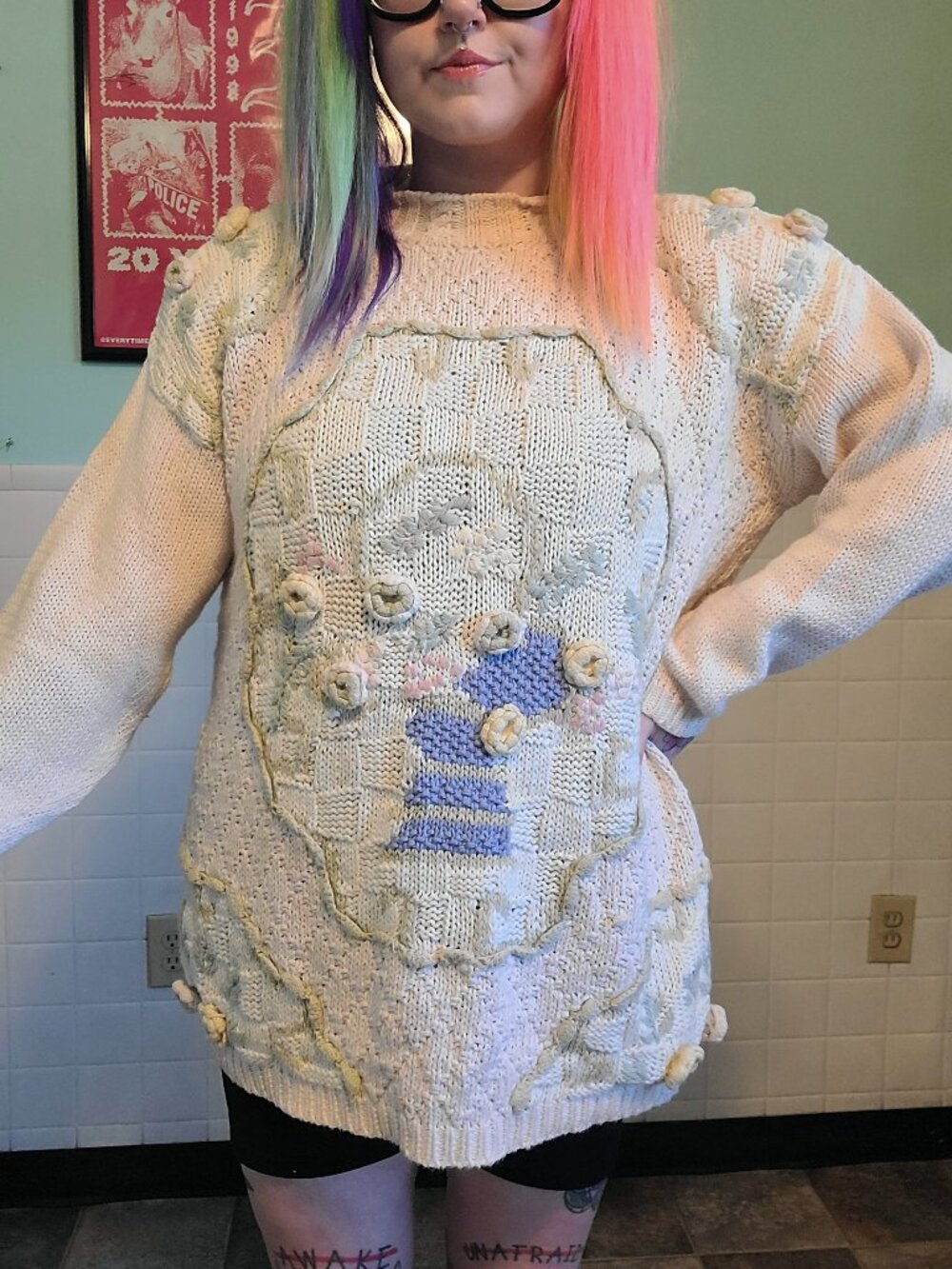 Vintage 80s Malarkey Hand Knit Grandmacore Flower Boquet Pullover Sweater Size L